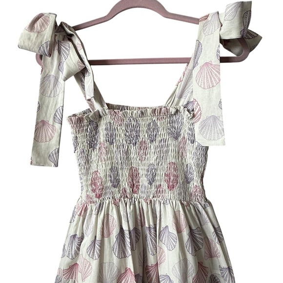 Kathleen Maeve Seaside Linen Seashell Print Smocked Tie-Strap Dress Size Small - Picture 5 of 9